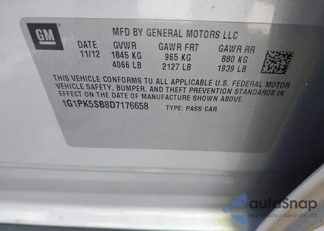 2013 Chevrolet Cruze Lt из США, поврежденный, VIN 1G1PK5SB8D7176658